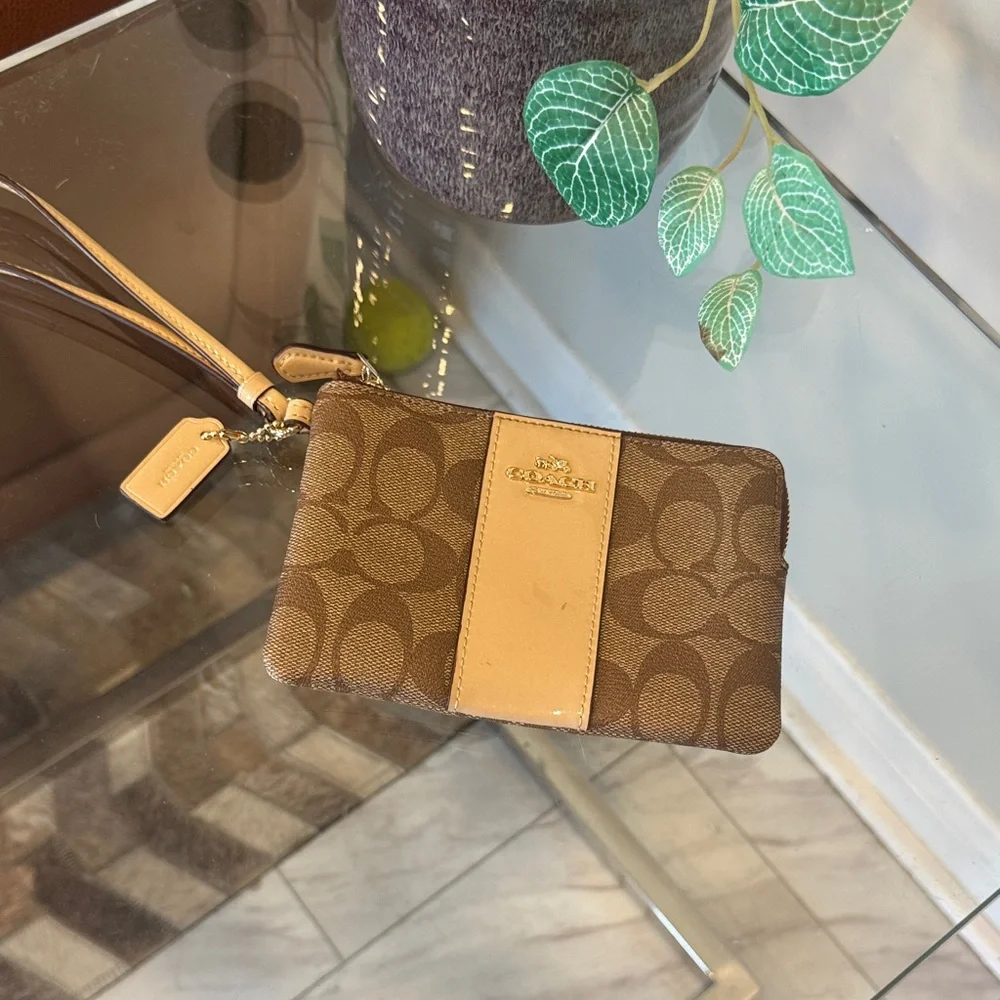 Coach Signature Brown and Tan Wristlet